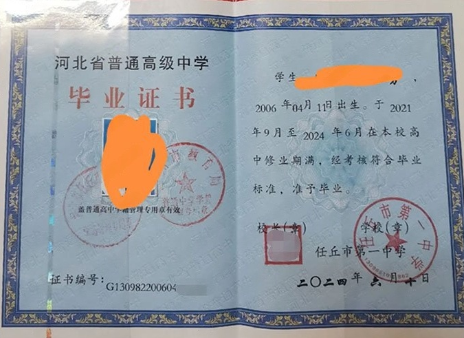 南通任丘市第一中学高中毕业证样本图片